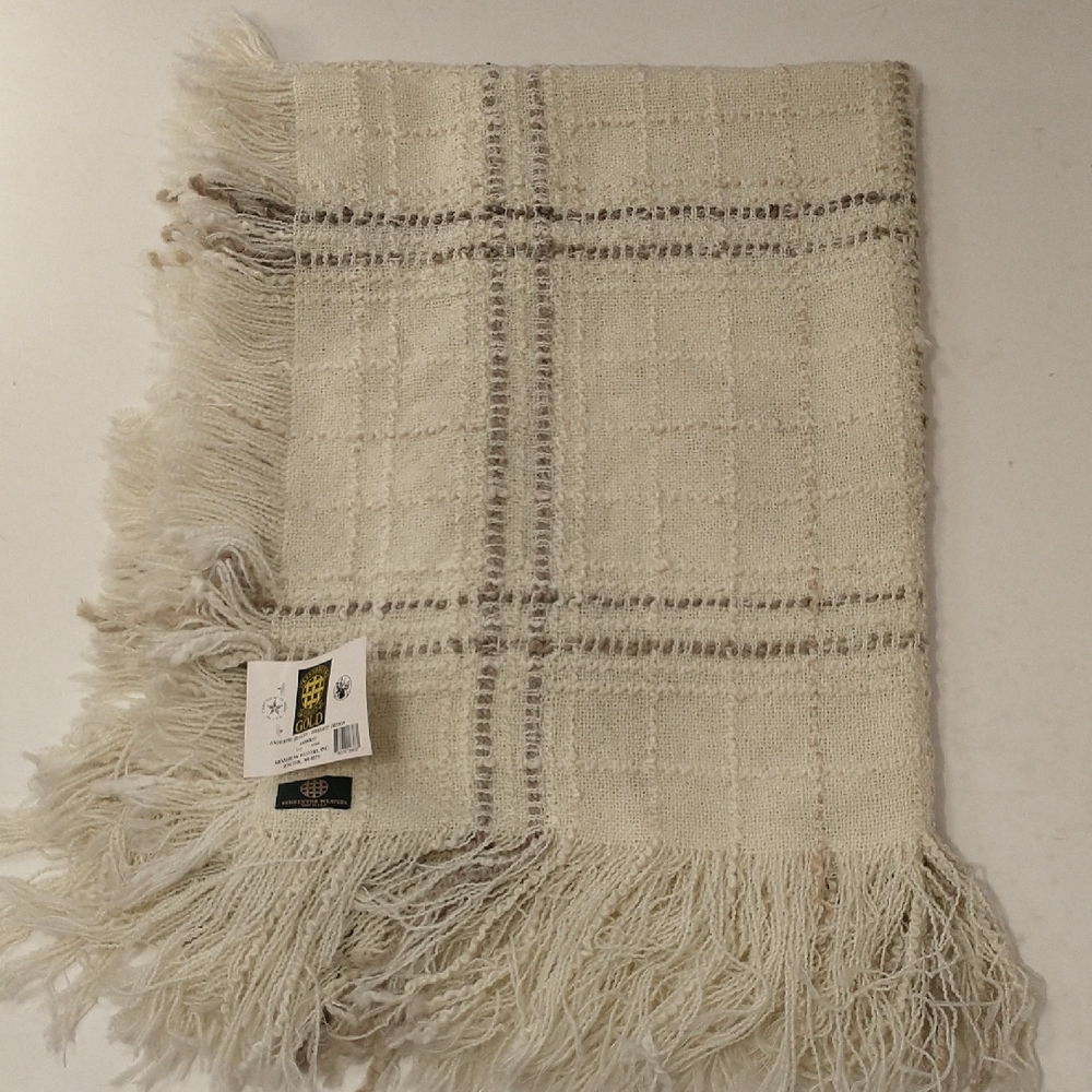 NWT USA Made Kennebunk Weavers Throw Blanket Amherst Ivory Full Fringe Soft Arty